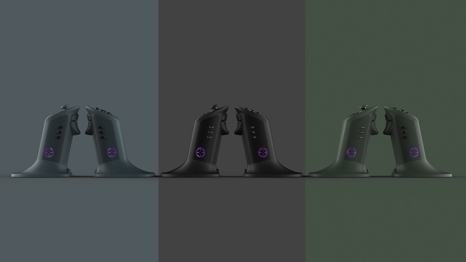 Three colourways of the Dual Strike controller — slate, black, and forest.