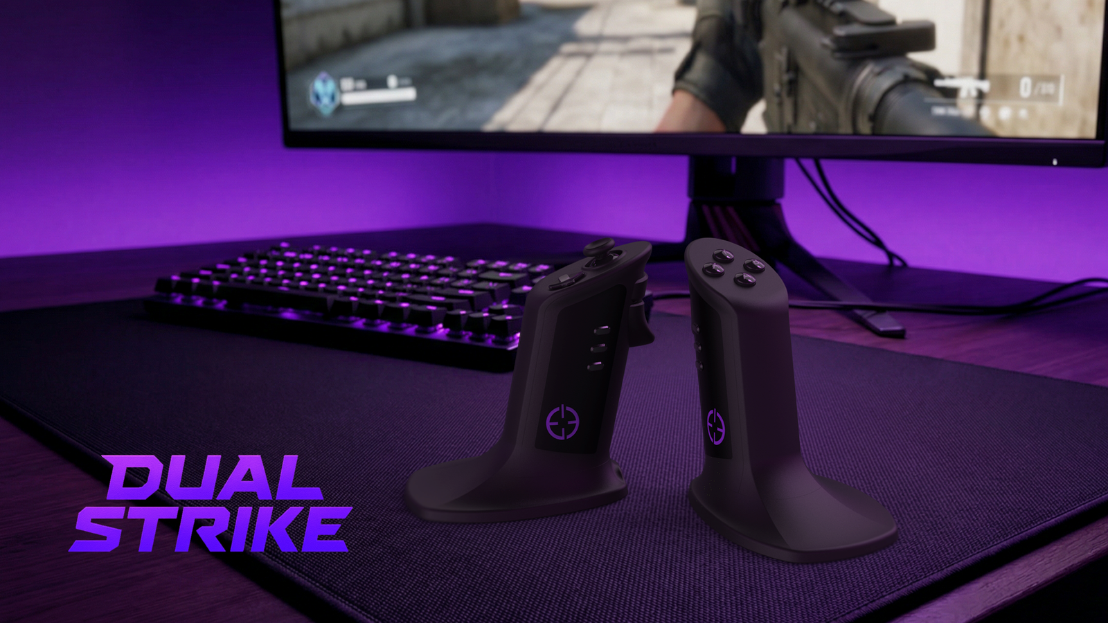 Dual Strike key art — two shells on a desk in front of a monitor.