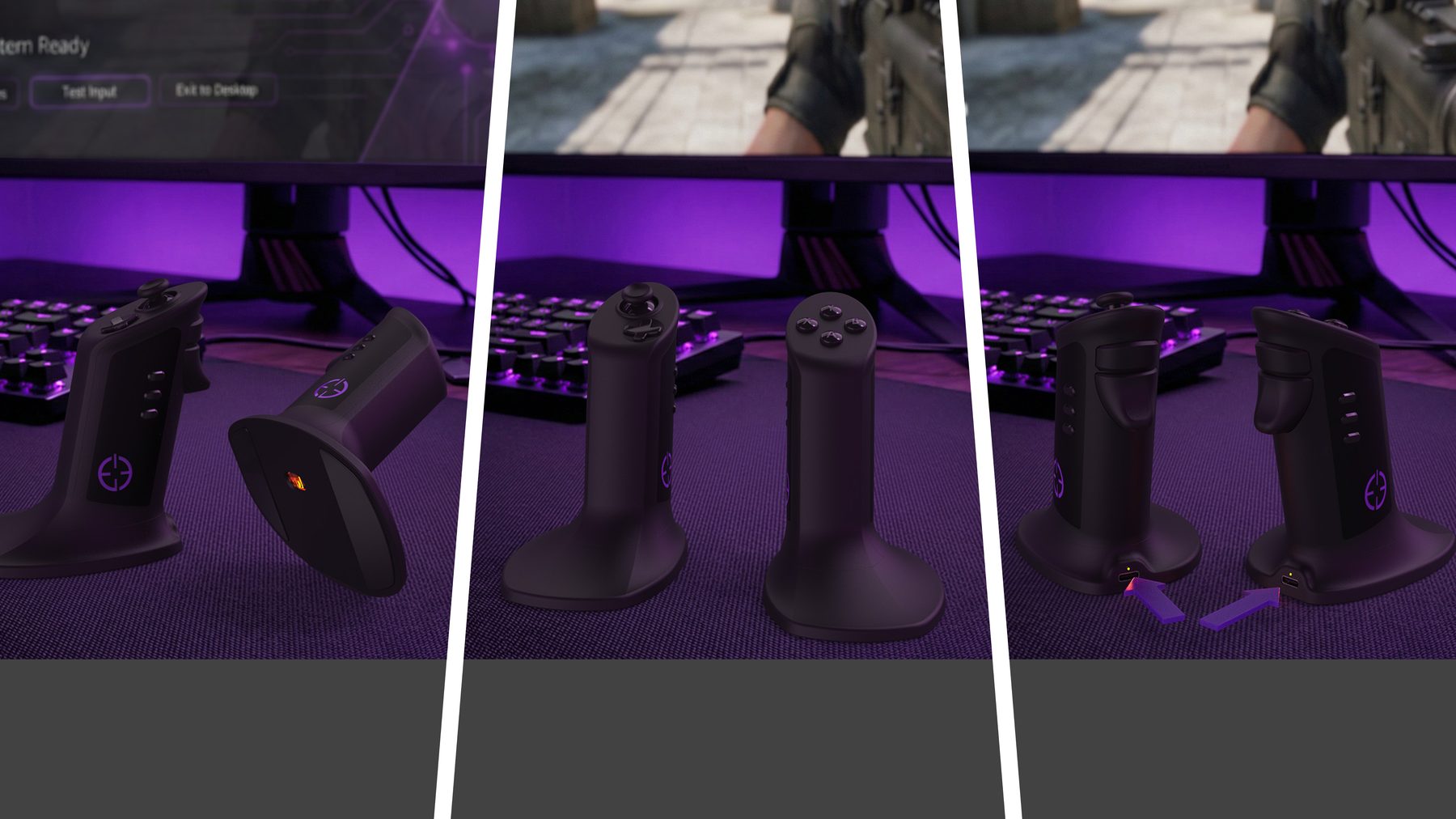 Three angles of the Dual Strike controller — system ready, top-down buttons, and trigger detail.