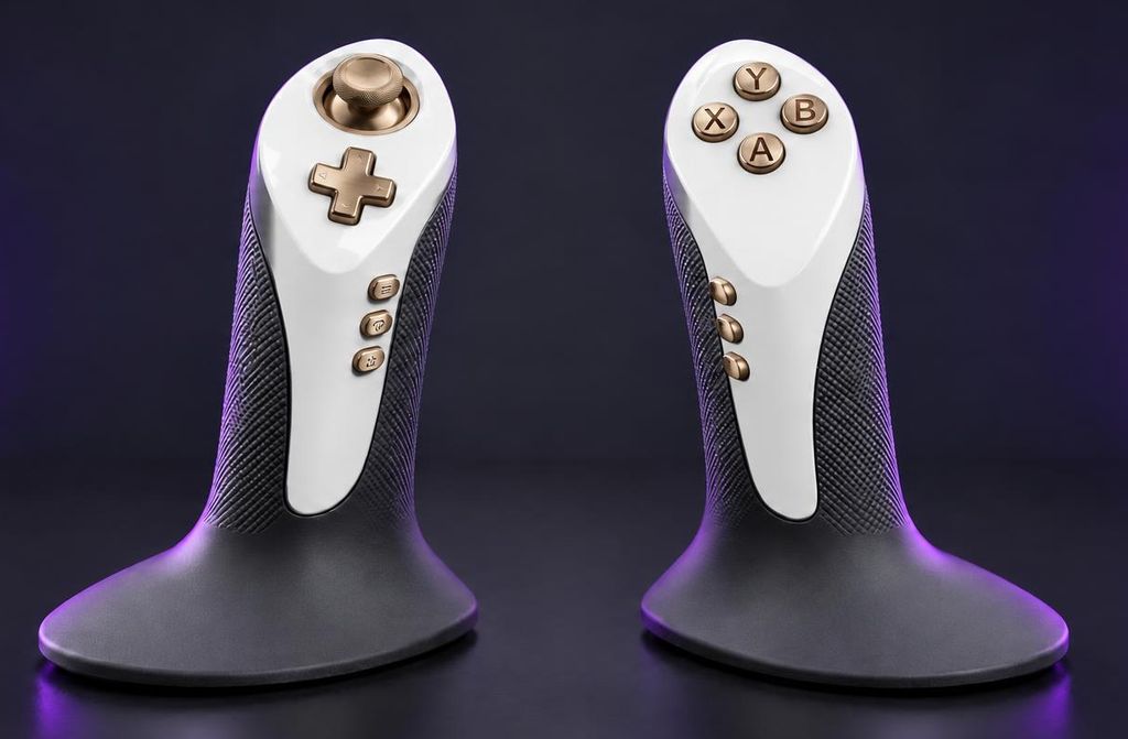 The Dual Strike controller in the Arctic colourway concept: gloss white crowns with bronze buttons over a charcoal grip.