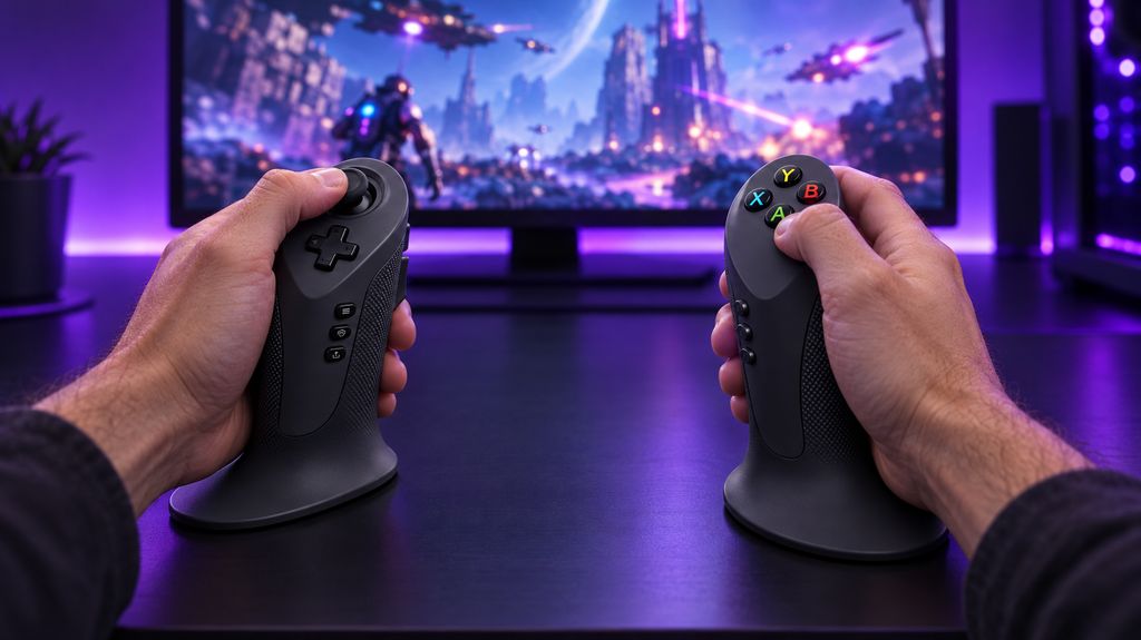 A player using both Dual Strike shells at a desk in front of a gaming monitor.