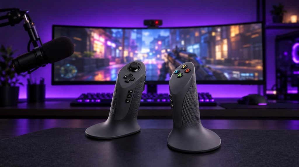 The Dual Strike controller on a streaming desk, with a gaming monitor, broadcast microphone and webcam lit in violet.