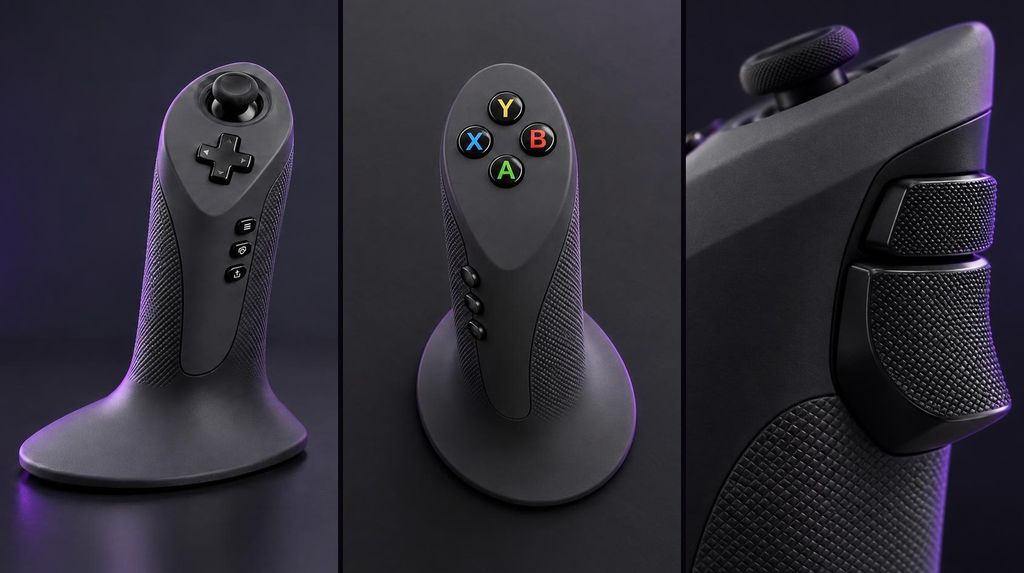 Three views of the Dual Strike controller in graphite: the left shell from the front, the right shell's ABXY buttons from above, and a close-up of the rear bumper and trigger.